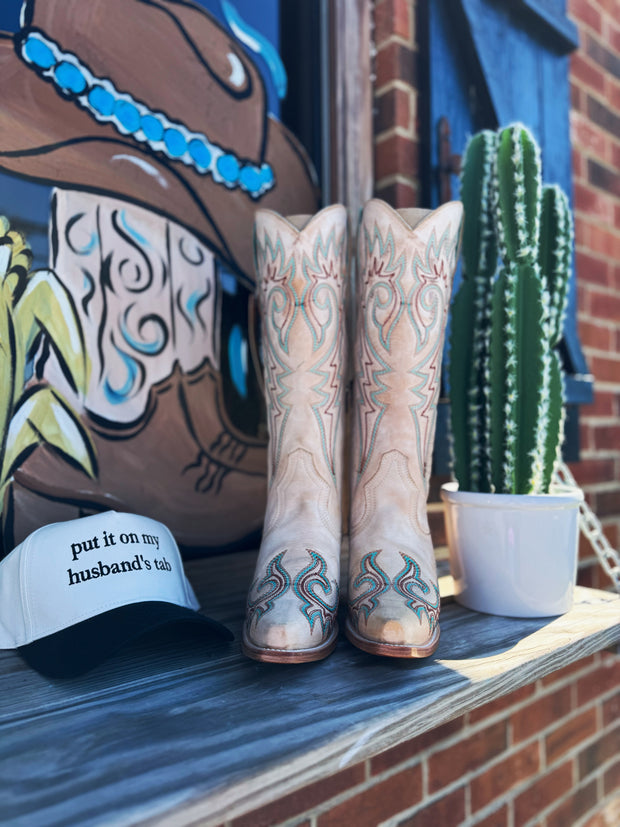 Blue & Red Embroidery Bone Snip Toe Cowboy Boot