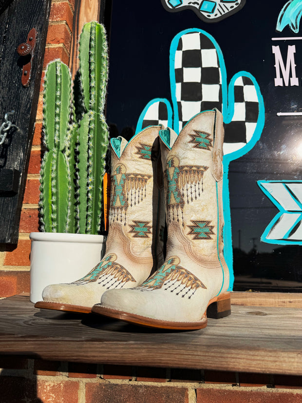 LD White-Turquoise Embroidery Square Toe