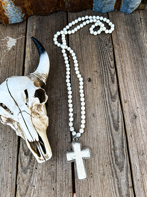 White Crackled Cross Necklace