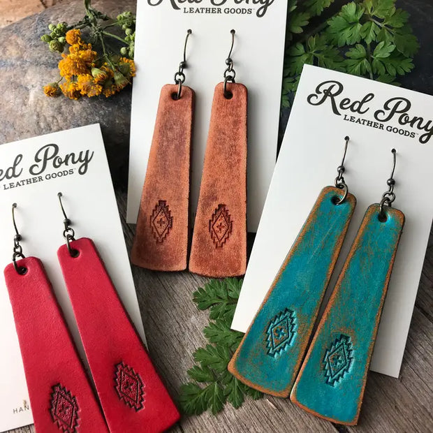 Hand Tooled Western Leather Bar Earrings