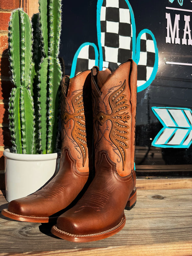LD Brown Overlay & Embroidery Square Toe Boot