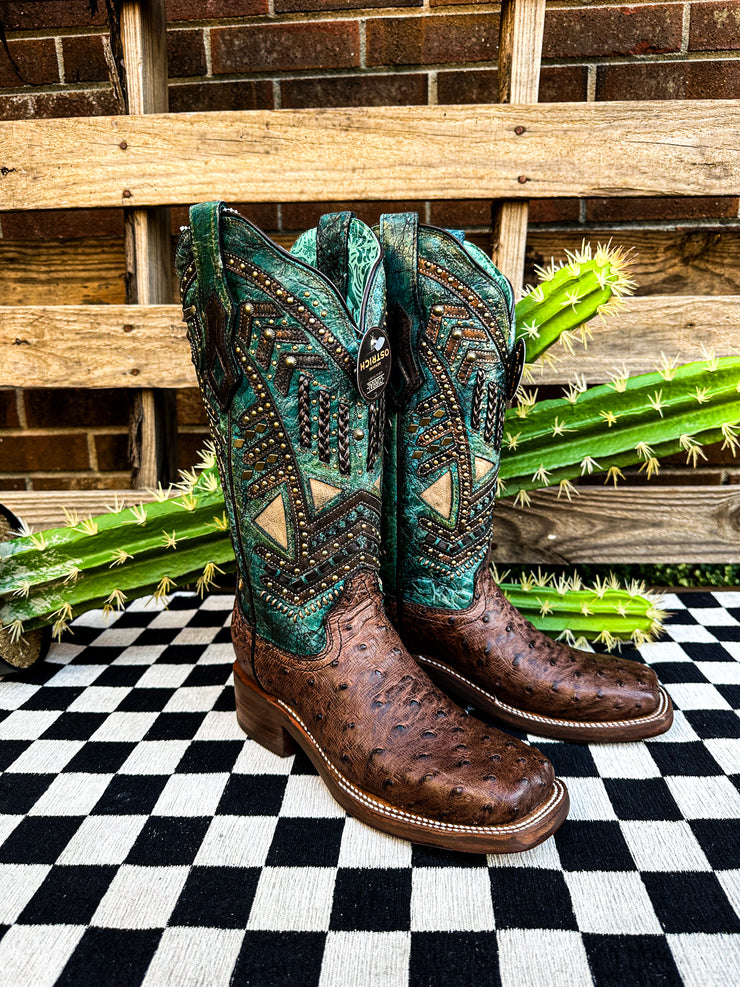 LD Brown/Turquoise Ostrich Overlay Embroidery Stud Square Toe