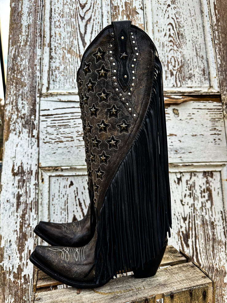 LD Black Stars Inlay & Embroidery & Fringe Corral Boot