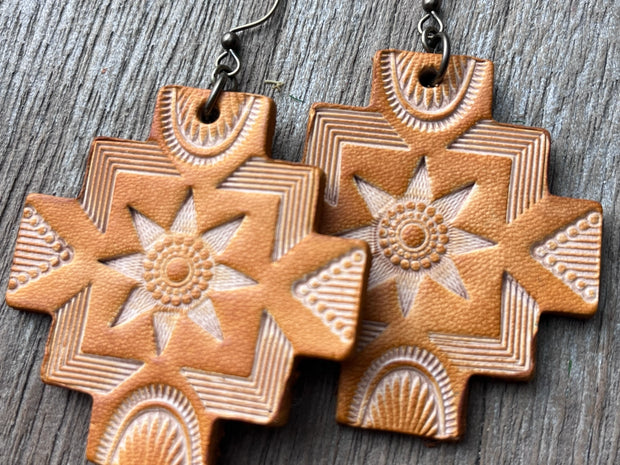 Whiskey Brown Hand Tooled Leather Earrings