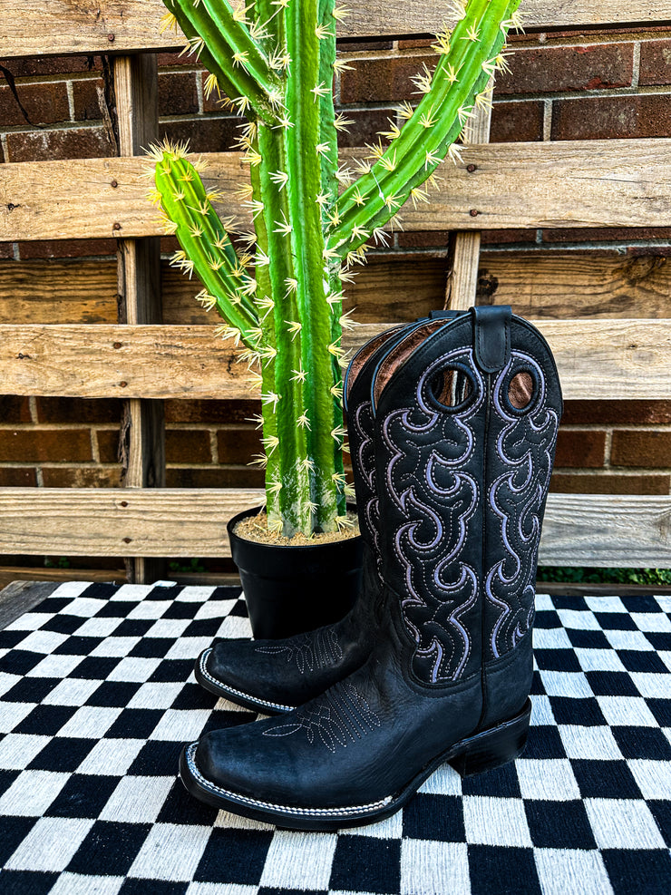 LD Black Embroidery Square Toe Boots