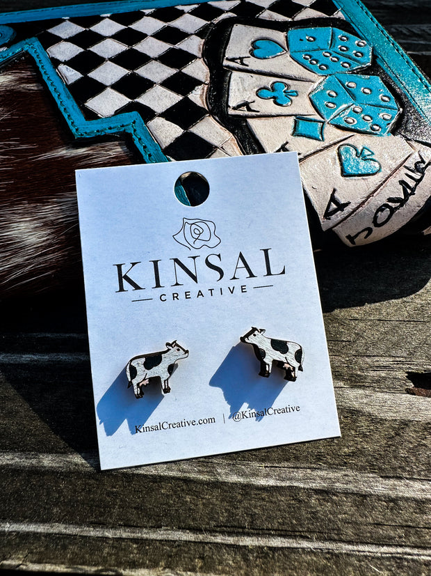 Wood Stud Earrings- Cow