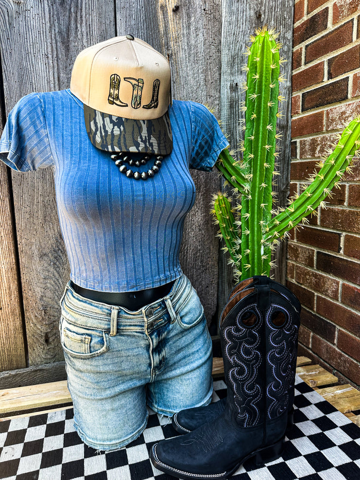 Wesson Ribbed Cropped Top- Dusty Blue