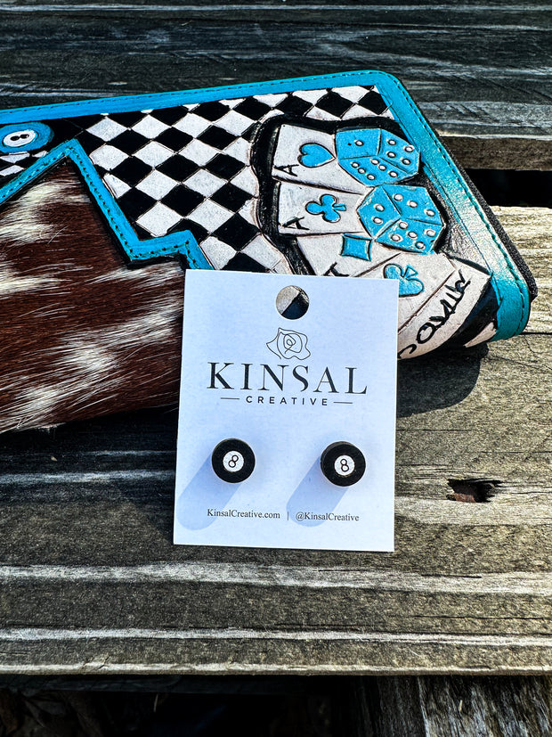 Wood Stud Earrings- 8 Ball