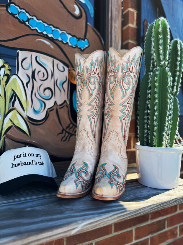 Blue & Red Embroidery Bone Snip Toe Cowboy Boot