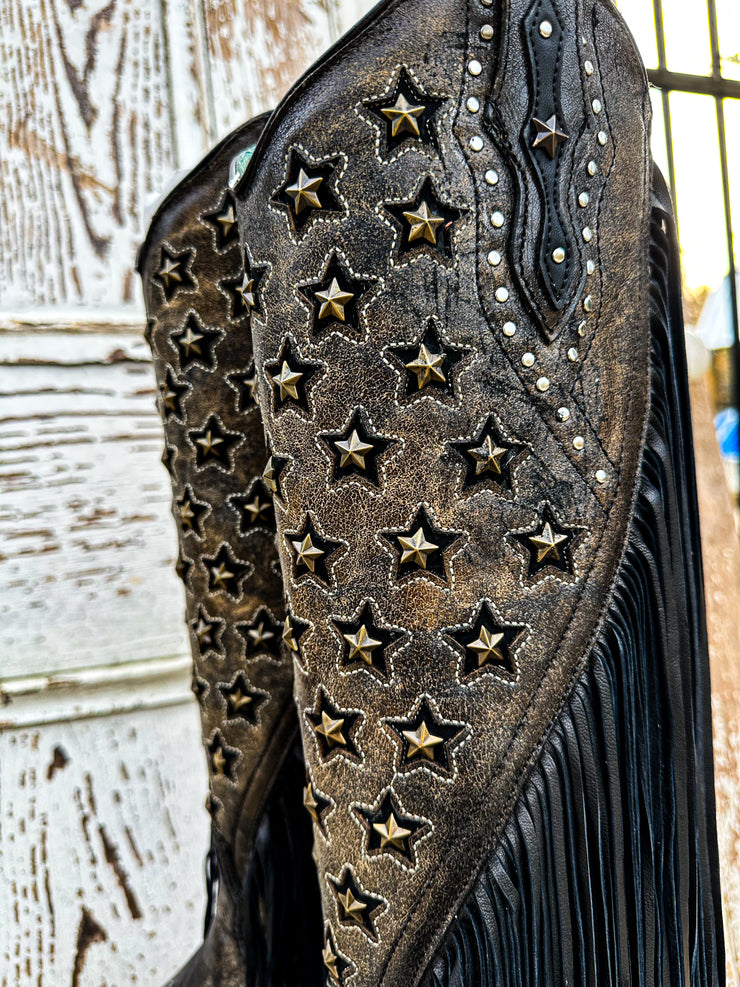 LD Black Stars Inlay & Embroidery & Fringe Corral Boot