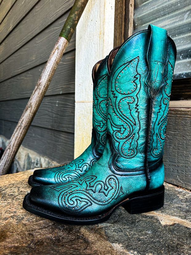 LD Turquoise/Grey Embroidery & Studs Circle G Boots