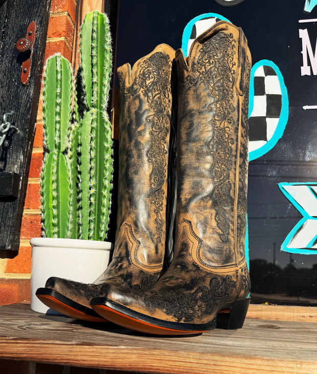 Taupe Floral Embroidery Snip Toe Boot