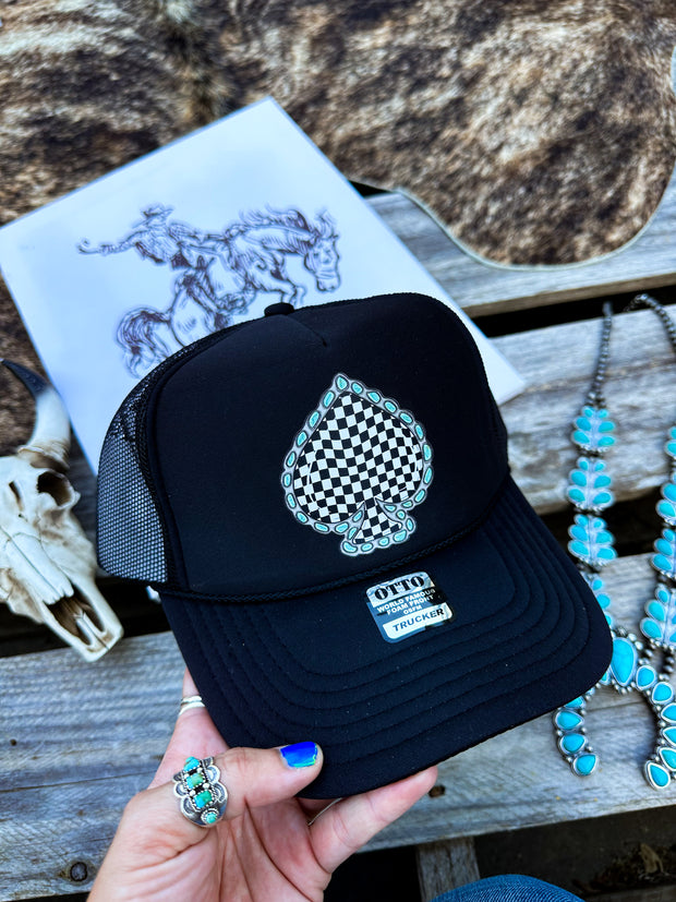 Checkered Turquoise Spade Trucker Hat