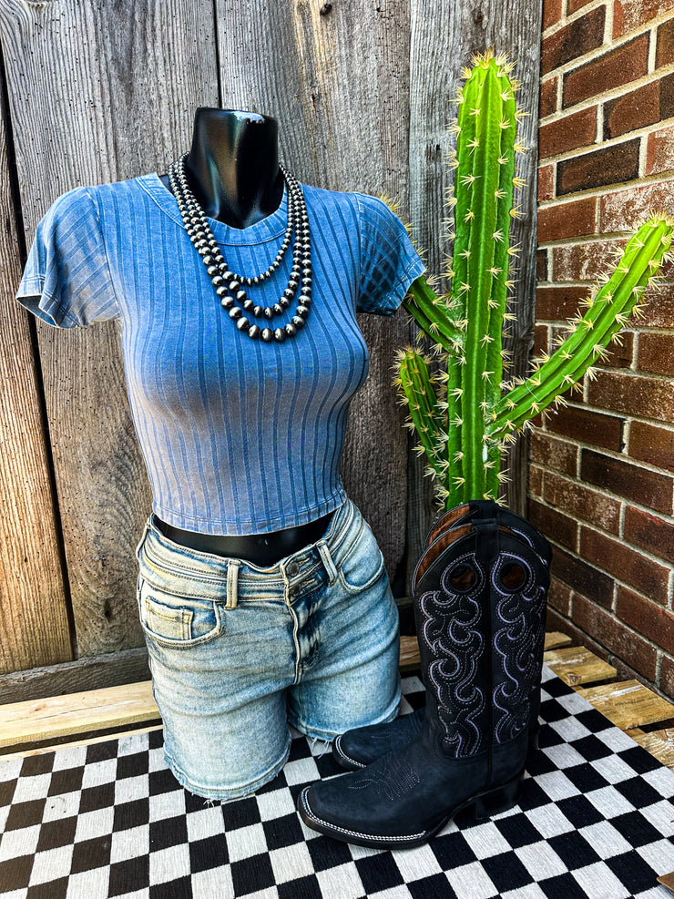 Wesson Ribbed Cropped Top- Dusty Blue