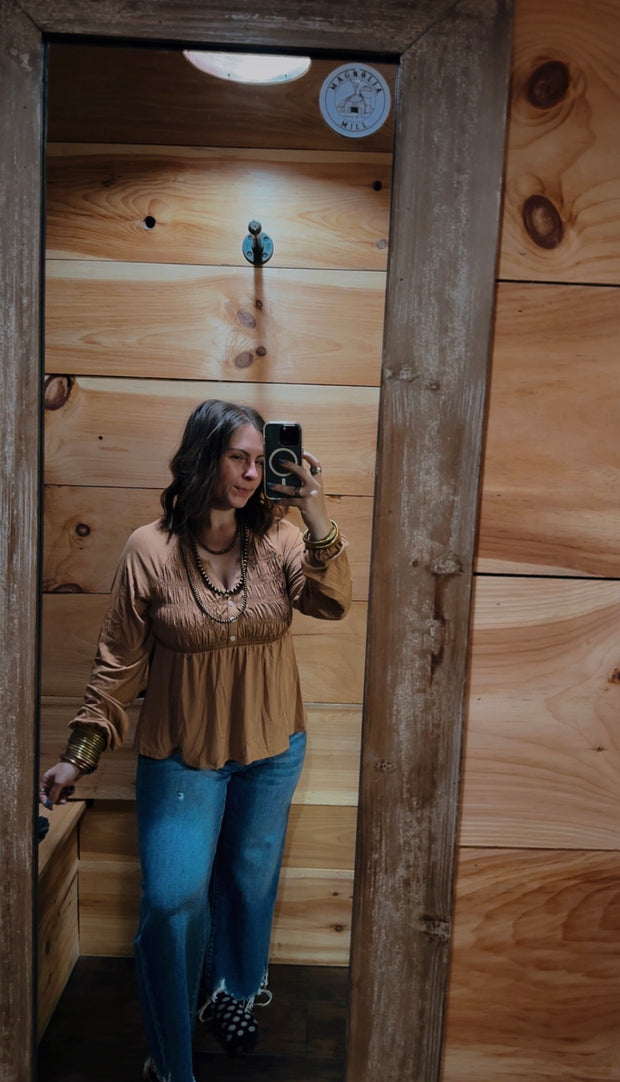 Smocked Cinnamon Button Top