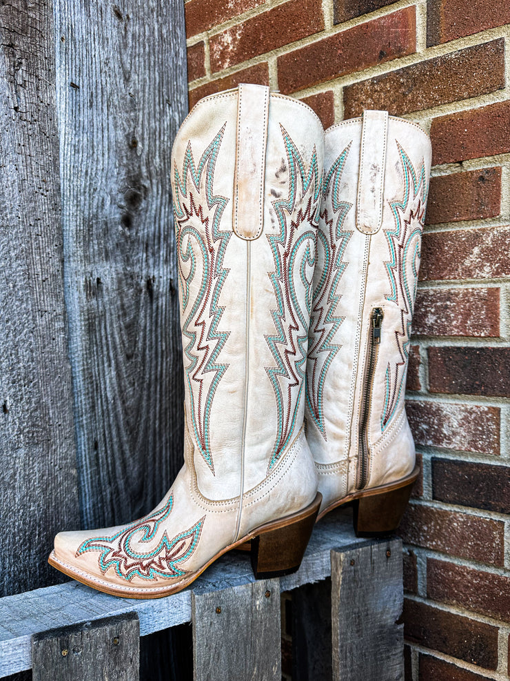 Blue & Red Embroidery Bone Snip Toe Cowboy Boot
