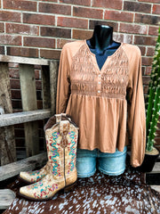 Smocked Cinnamon Button Top