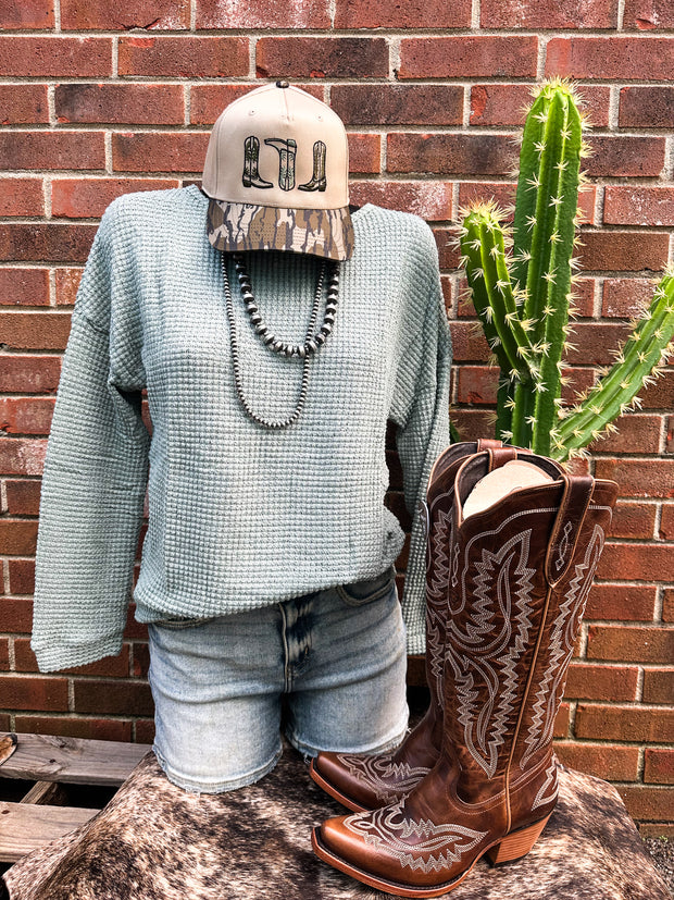 Winston Waffle Knit Top- Mint Blue
