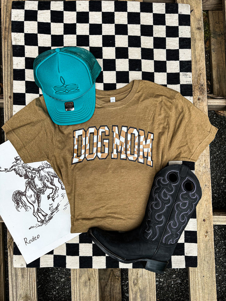 Checkered Dog Mom Graphic Tee- Coyote Brown
