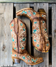 LD Brown Floral Embroidery Corral Boot