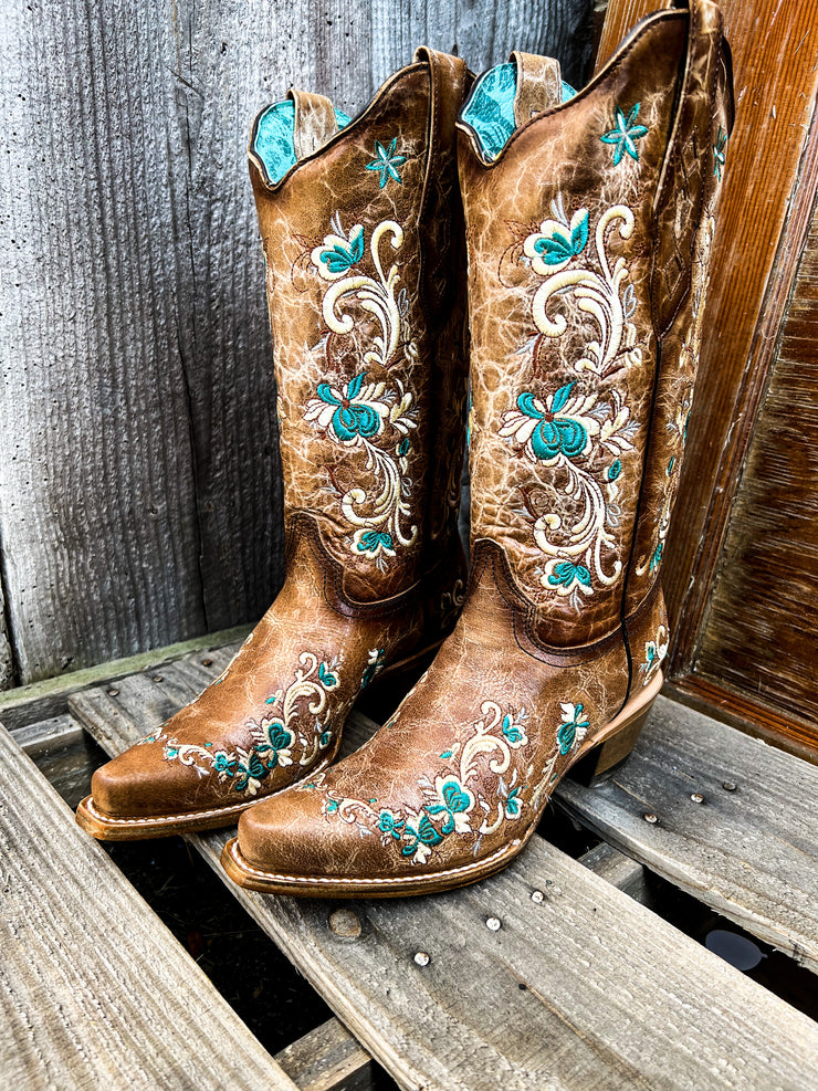 LD Brown Floral Embroidery Corral Boot
