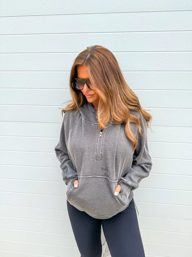 Black Ash Wash Boxy Quarter Zip Pullover