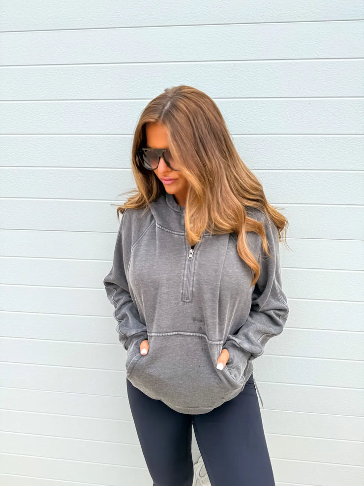 Black Ash Wash Boxy Quarter Zip Pullover
