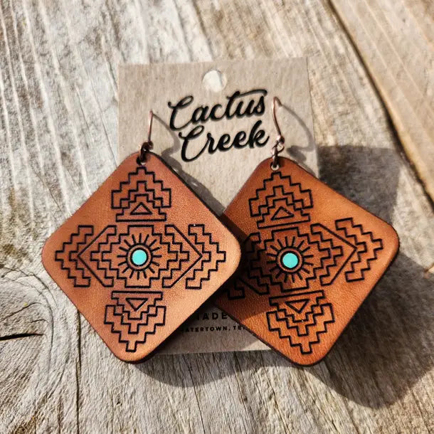 "Jacy" Handmade Tooled Leather Diamond Earrings