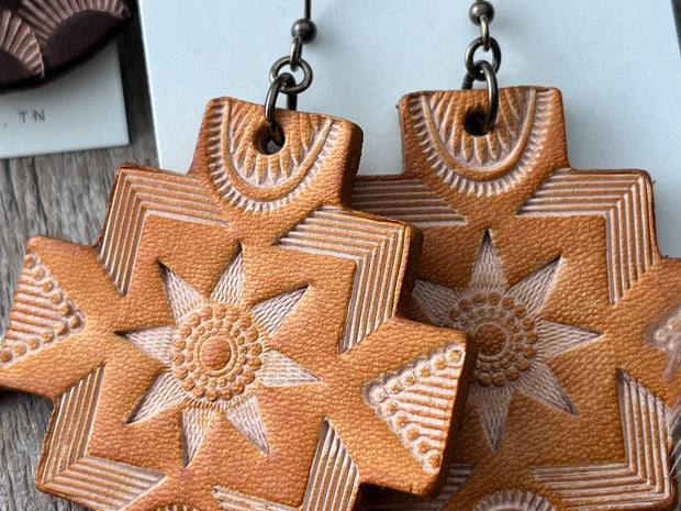 Whiskey Brown Hand Tooled Leather Earrings