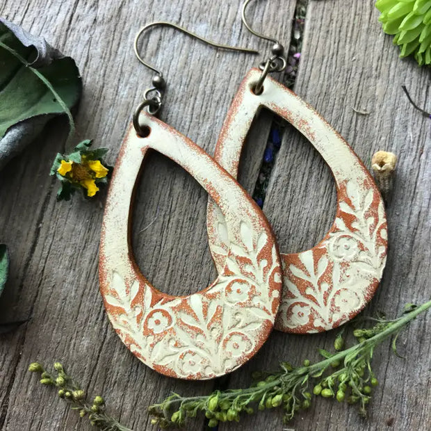 Boho Western Leather Floral Teardrop Earrings