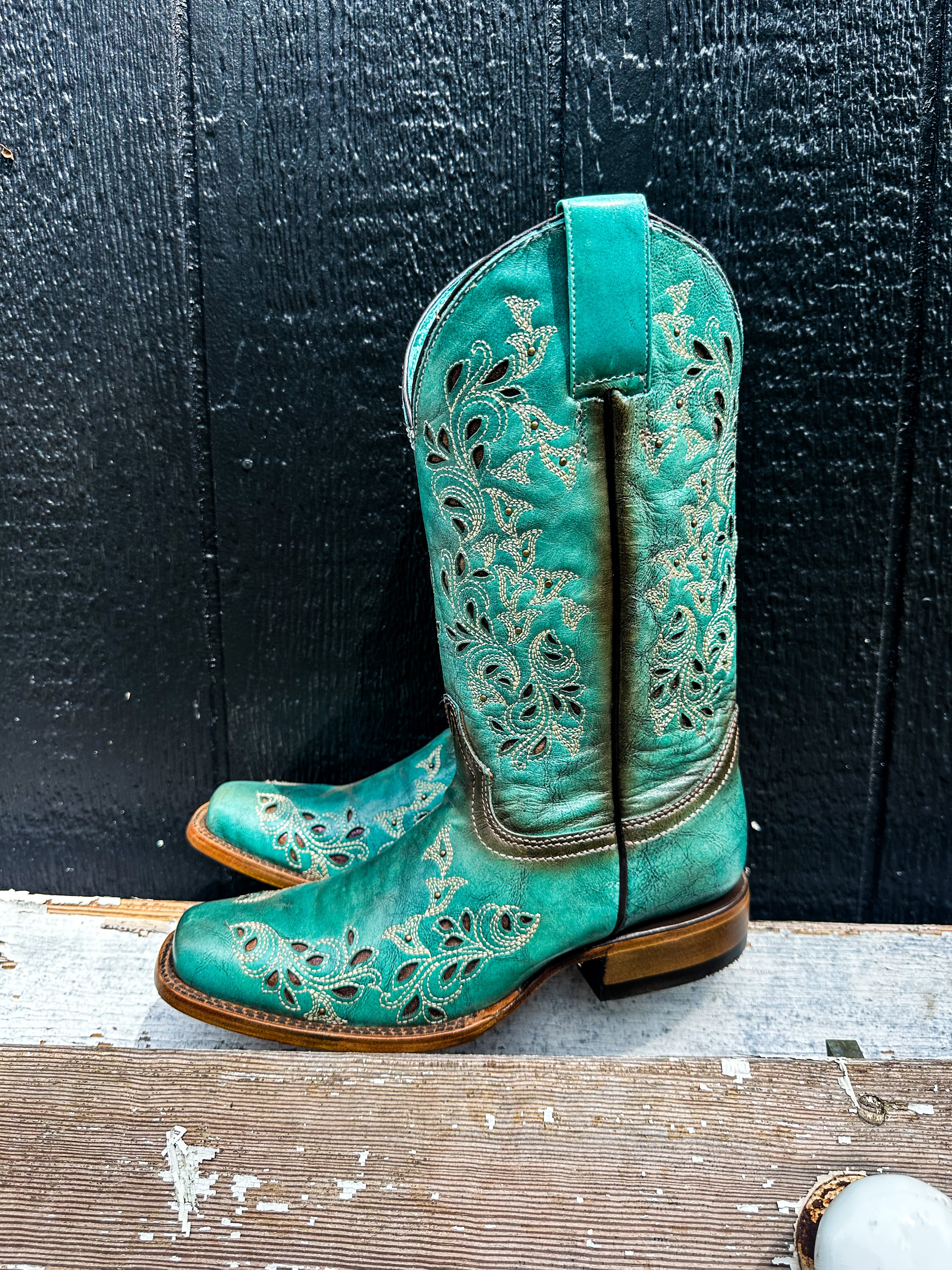 【U LAN】Real Thistle Eyelet Boots Tanner Mark Women's Hand Tooled Square Toe Leather Boots