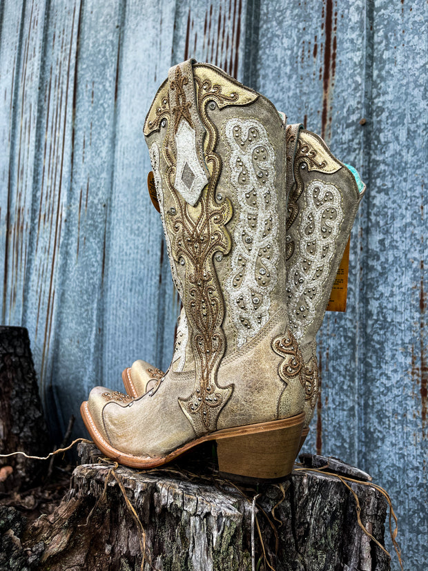 Gold/Bone Overlay & Embroidery with Studs Corral Boot