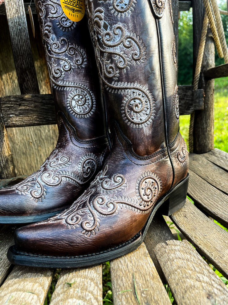 Brown Embroidery & Studs Corral Boot