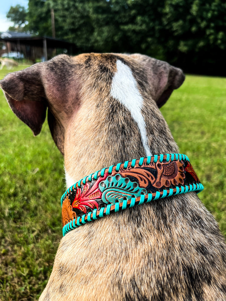 Full Bloom Hand Tooled Leather Dog Collar