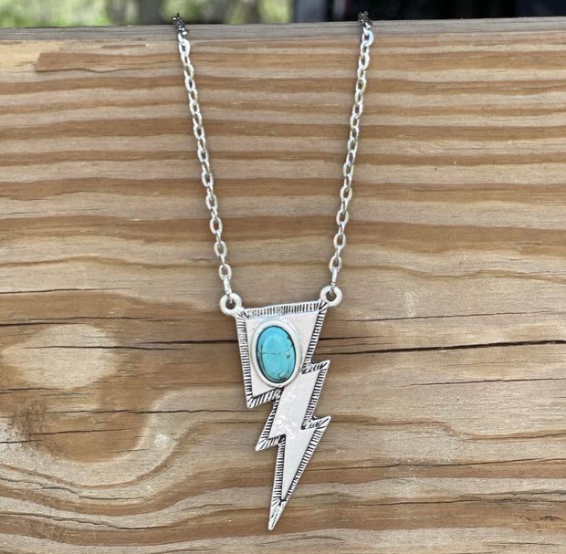 Silver Turquoise Stone Bolt Necklace