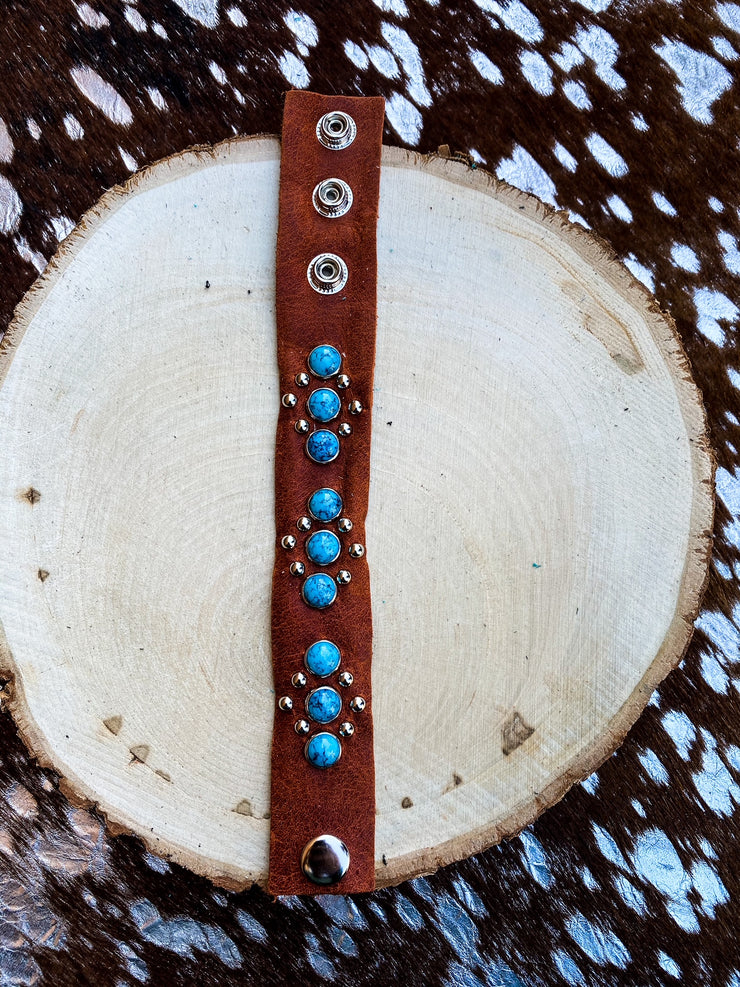 Brown Turquoise Stud Leather Bracelet