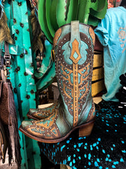 LD Tan/ Turquoise Overlay Corral Boot