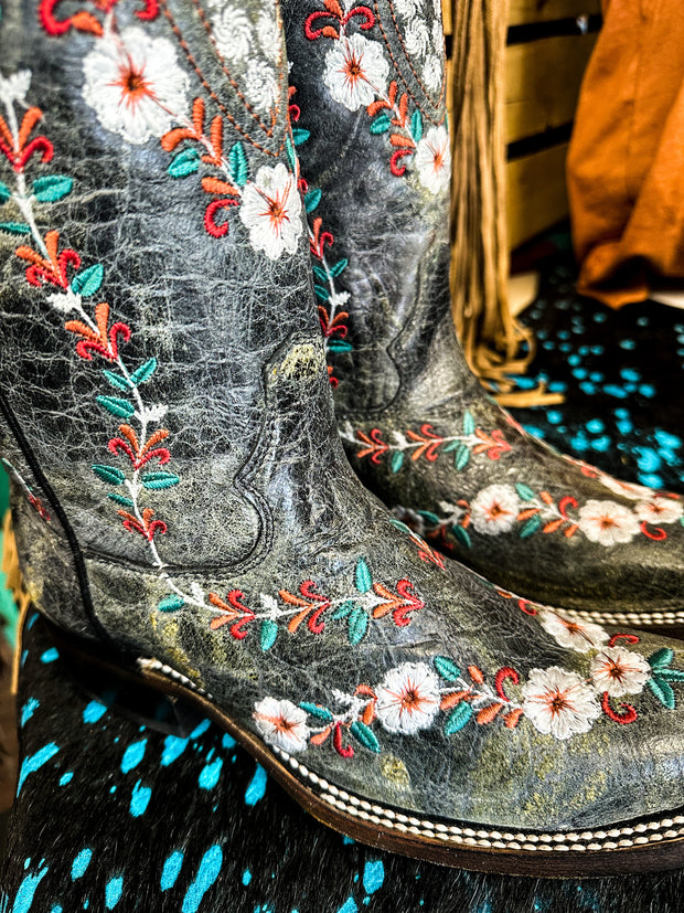 LD Distressed Black Floral Embroidery Corral Boot