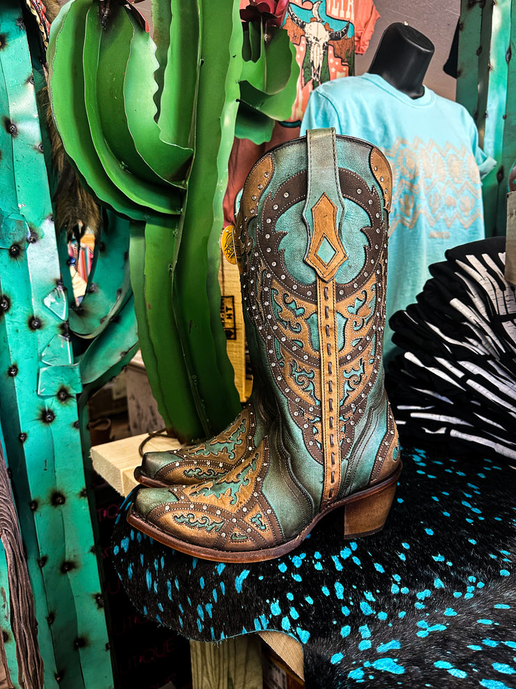 LD Tan/ Turquoise Overlay Corral Boot