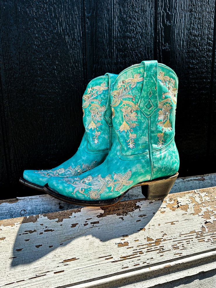 LD Washed Turquoise Floral Embroidery Corral Boot