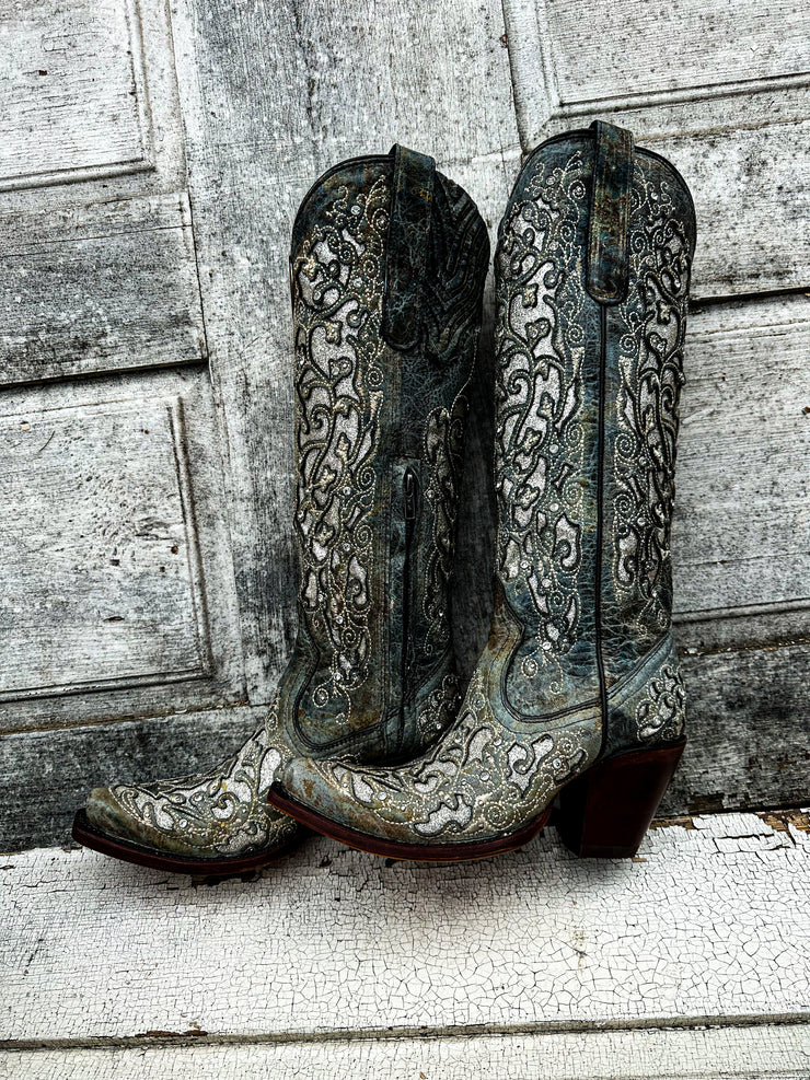 LD Brown Distressed Glitter Inlay Corral Boot