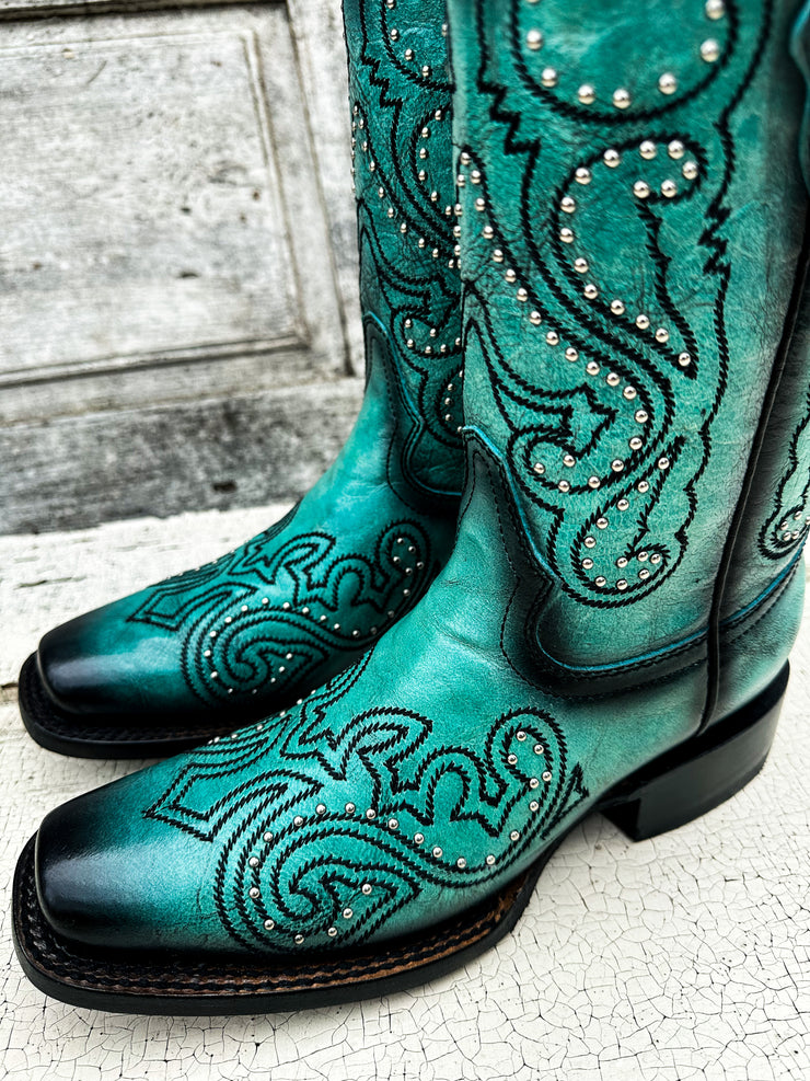 LD Turquoise/Grey Embroidery & Studs Circle G Boots
