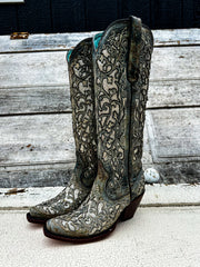 LD Brown Distressed Glitter Inlay Corral Boot